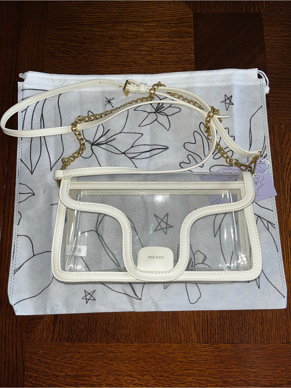 Pixie Mood White Clear Crossbody Bag with Gold Chain